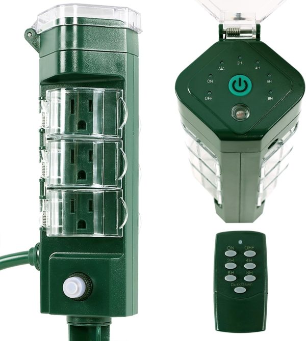 Sattiyrch Outdoor Power Strip Timer with Photocell, Remote Control,2/4/6/8
