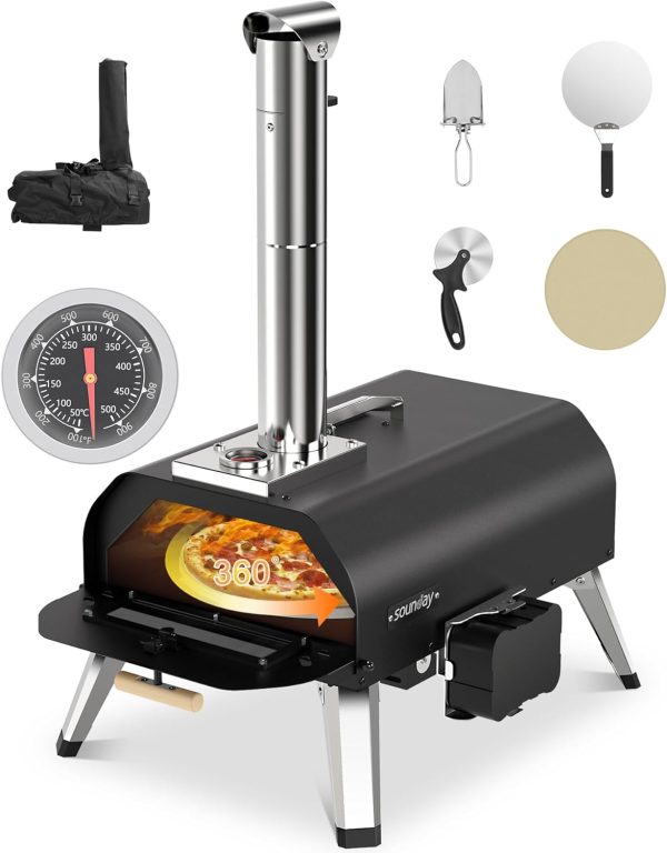 Sounday Pellet Pizza Oven Outdoor, 12" Outdoor Pizza Oven with 360°Auto
