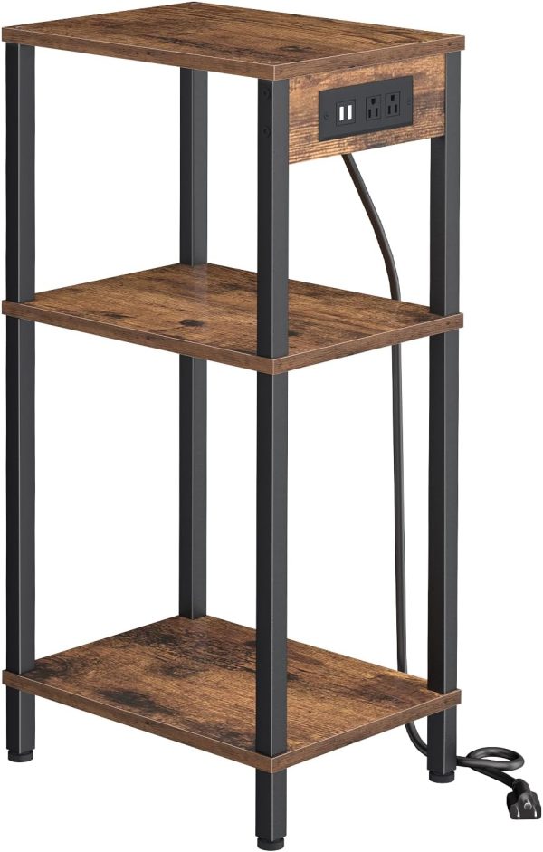 Tall End Table with Charging Station and USB Ports, 3 Tier Narrow Side