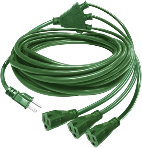 Teklectric (25ft) Outdoor Extension Cord 1 to 3 Splitter, 3 Prong Outlets