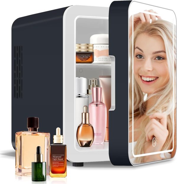 Upgrade Skincare Fridge with Dimmable LED Light Mirror, 4L/6Can Cooler