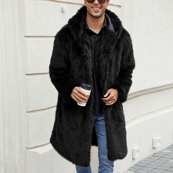 WENKOMG1 Faux Fur Trench Coat for Men Luxury Open Front Fuzzy Spread Collar - Image 4