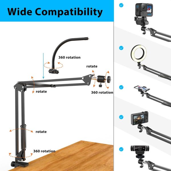 Overhead Camera Mount with Ring Light, Flexible Articulating Phone Arm - Image 5