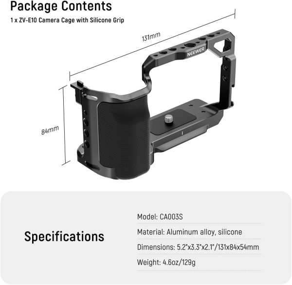 NEEWER ZV-E10 Camera Cage with Silicone Grip, 1/4" Threads, 3/8" ARRI - Image 8
