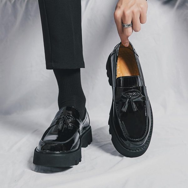 Men's Black Soft Patent Leather Platform Chunky Heel Loafers Fashion Tassel - Image 3
