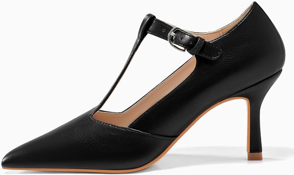 Coutgo Womens Mary Jane High Heels T Strap Closed Pointed Toe Pumps Buckle - Image 4