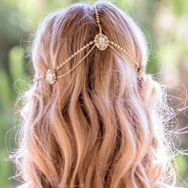 CAKURE Rhinestone Boho Head Chain Jewelry Gold Hair Chains Layered Bride - Image 5