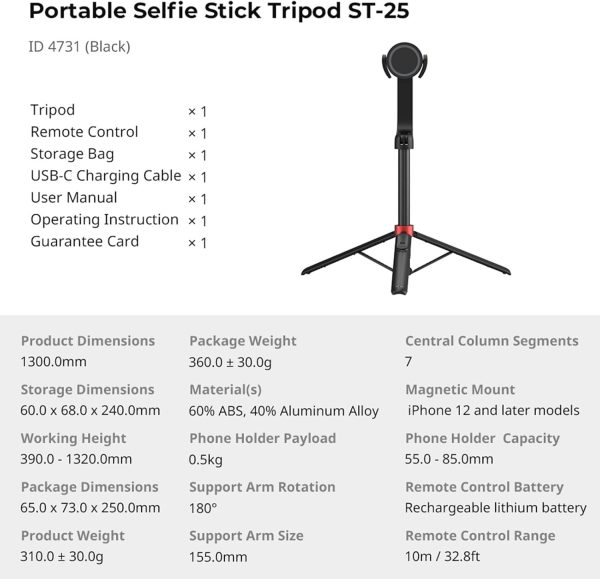 SMALLRIG Magnetic Phone Tripod Stand w Remote, 52" Portable Selfie Stick, - Image 9