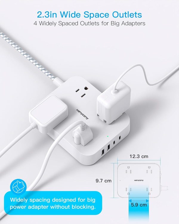 Flat Plug Extension Cord, 5ft Power Strip with 4 USB Ports(2 USB C), 4 - Image 2