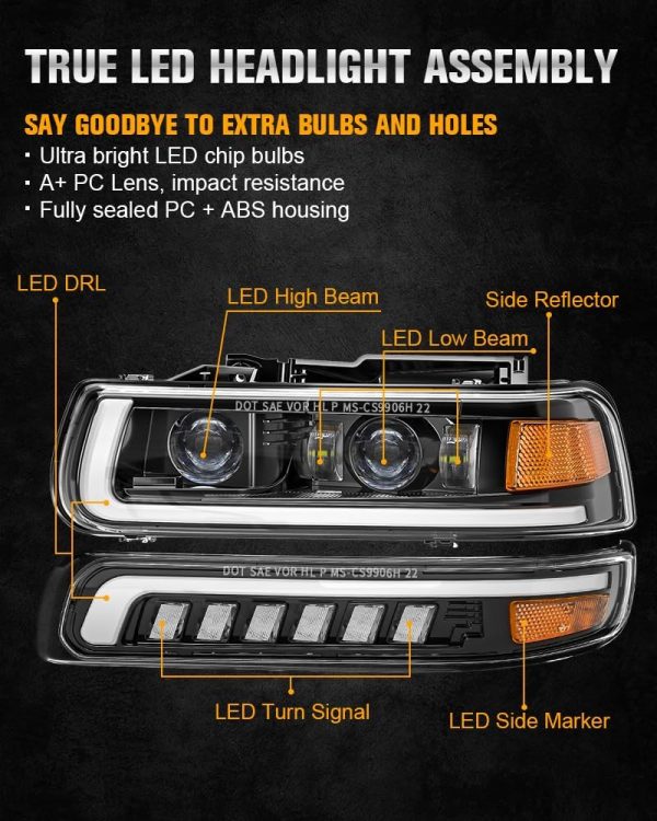 LED Headlights Assembly Headlamps Replacement Compatible with 1999-2002 - Image 2