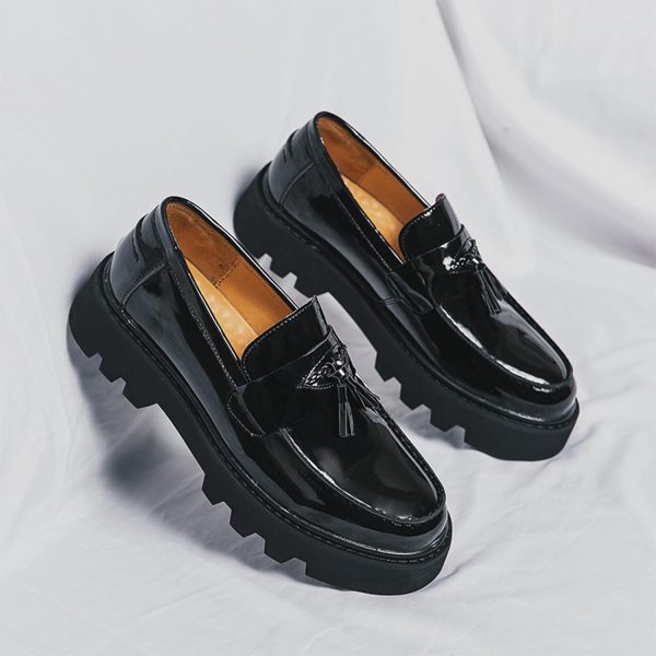 Men's Black Soft Patent Leather Platform Chunky Heel Loafers Fashion Tassel - Image 2