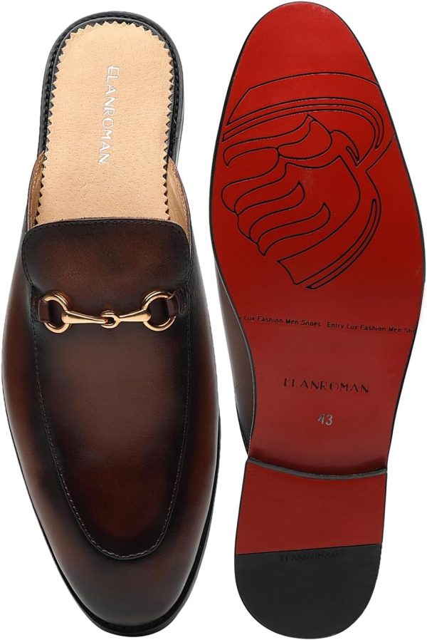 ELANROMAN Men's Loafers Backless Genuine Leather Mules Horse Buckle Shoes - Image 6
