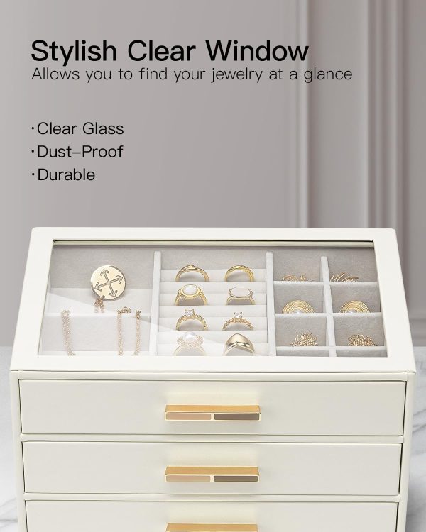 Vlando Jewelry Box for Women, Glass Lid Jewelry Organizer with 3 Drawers - Image 4