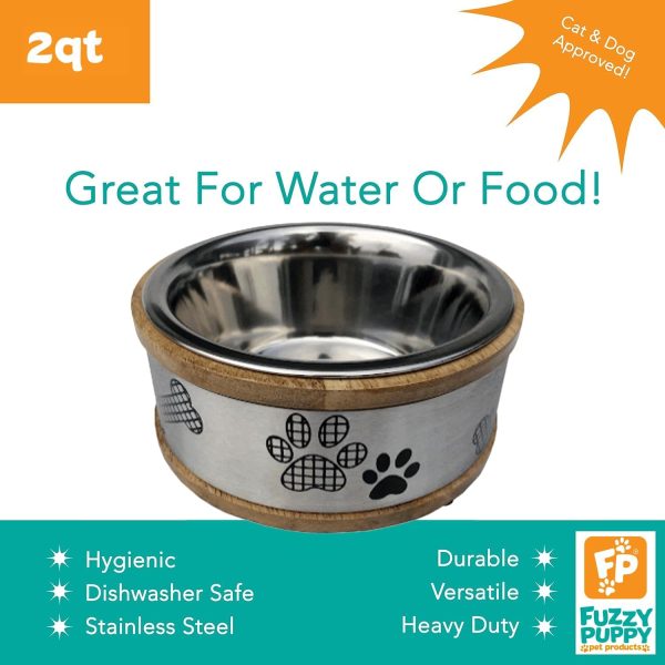 Luxury Design Stainless Steel Pet Bowl with Natural Wood Base for Dog, Cat, - Image 2