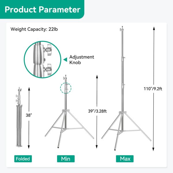 Takerers Heavy Duty Light Stand Photography: Stainless Steel 9.2ft/110inch - Image 2