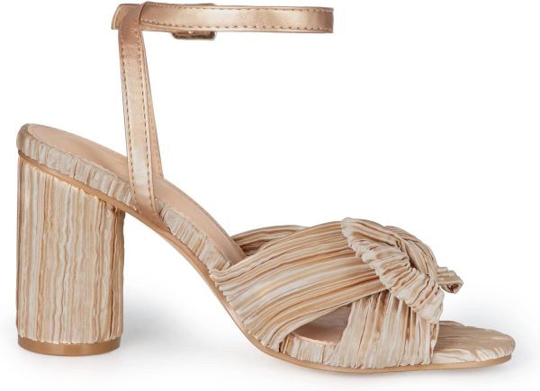 Athlefit Women's Open Toe Chunky Heels Pleated Bow Ankle Strap Heeled - Image 3
