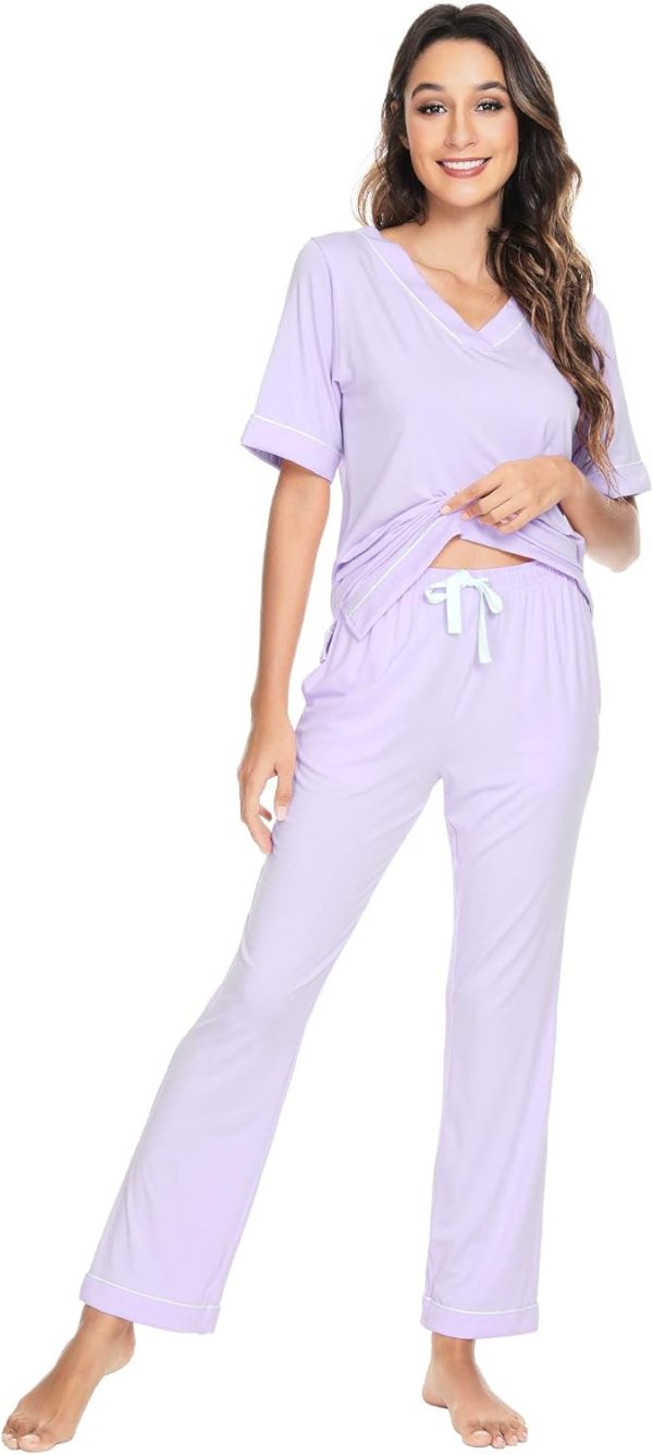 WiWi Viscose from Bamboo Womens Pajamas Set Soft V Neck Sleepwear Short - Image 3