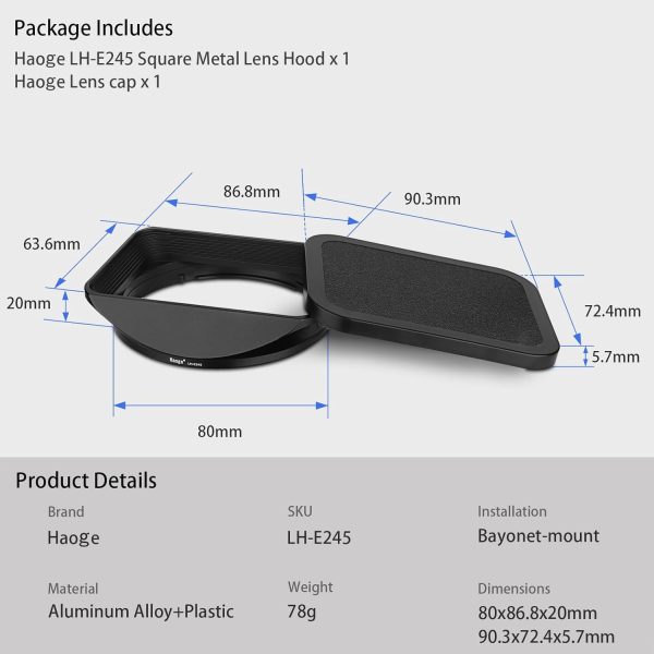 Haoge LH-E245 Metal Square Lens Hood for Sony FE 24-50mm F2.8 G Lens - Image 8