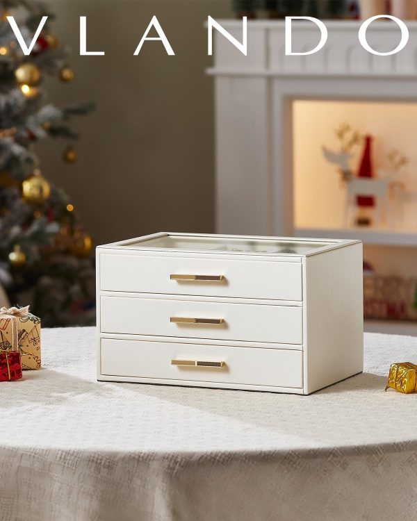 Vlando Jewelry Box for Women, Glass Lid Jewelry Organizer with 3 Drawers - Image 2