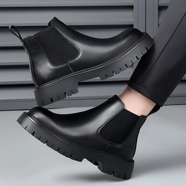 Men's Genuine Leather Slip On Chunky Platform Chelsea Boots Luxury Round - Image 6