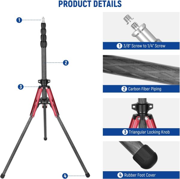 NEEWER Light Stand Carbon Fiber with 180° Reversible Legs, 1/4" to 3/8" - Image 3