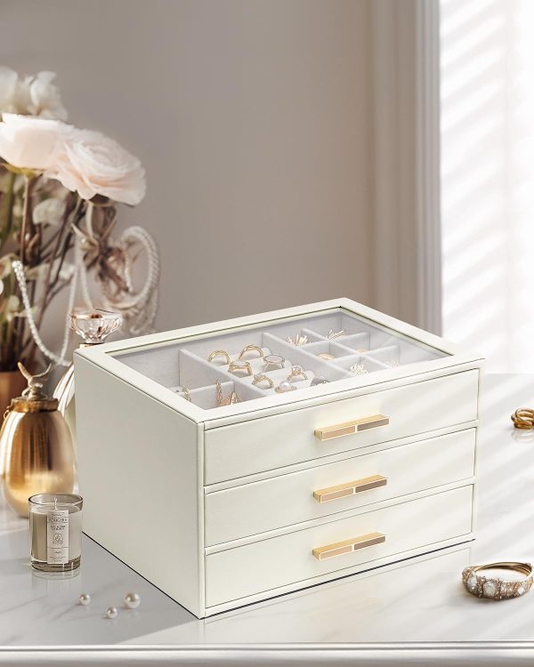 Vlando Jewelry Box for Women, Glass Lid Jewelry Organizer with 3 Drawers - Image 8
