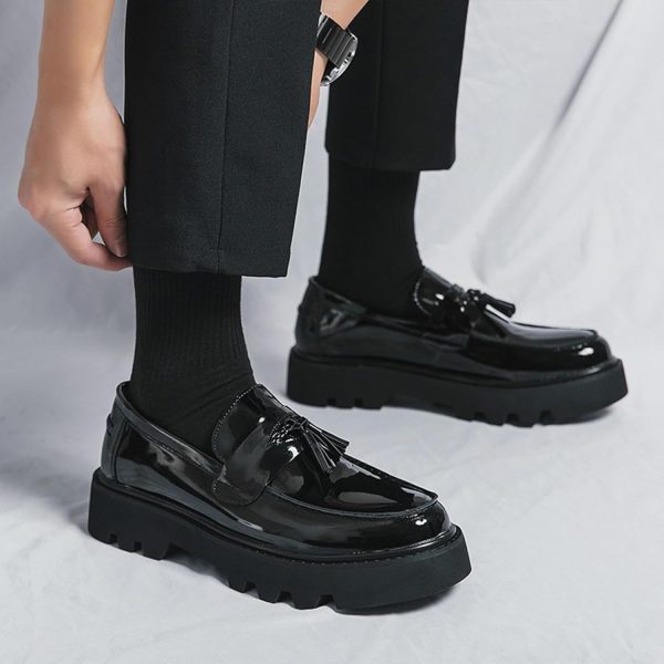 Men's Black Soft Patent Leather Platform Chunky Heel Loafers Fashion Tassel - Image 5