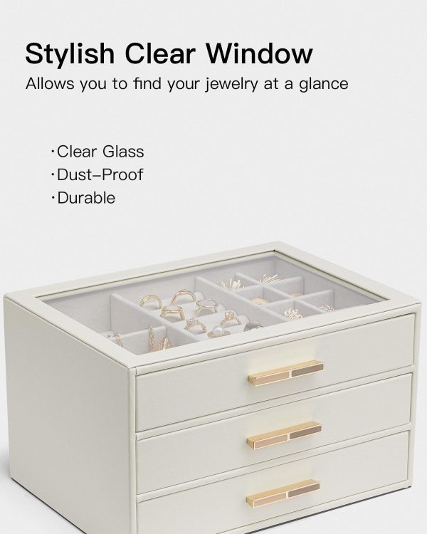 Vlando Jewelry Box for Women, Glass Lid Jewelry Organizer with 3 Drawers - Image 7