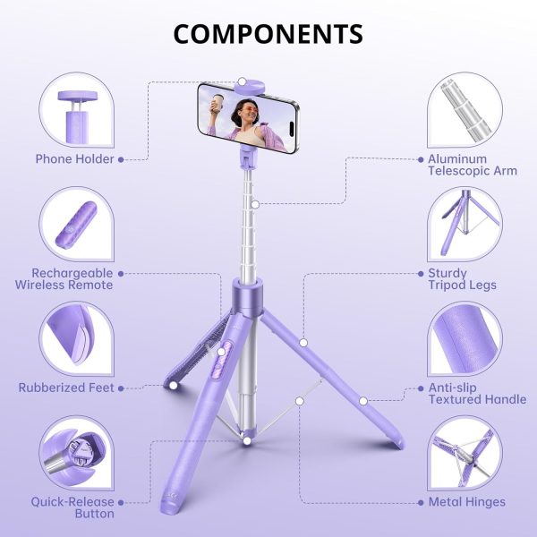 ATUMTEK 60" Selfie Stick Tripod, All-in-One Extendable Phone Tripod with - Image 7