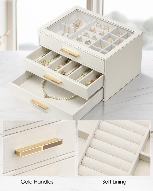 Vlando Jewelry Box for Women, Glass Lid Jewelry Organizer with 3 Drawers - Image 5
