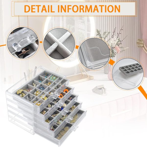 Acrylic Jewelry Box with 5 Drawers, Clear Earring Storage Organizer Display - Image 3