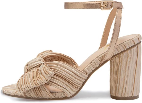 Athlefit Women's Open Toe Chunky Heels Pleated Bow Ankle Strap Heeled - Image 2