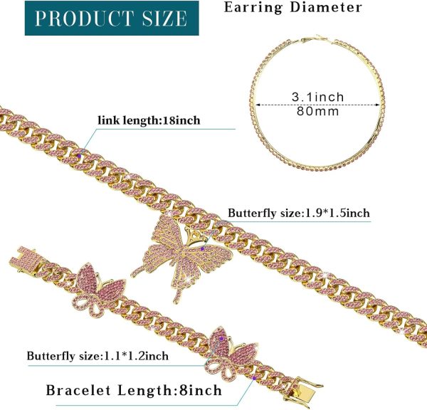 3 Pieces Butterfly Cuban Jewelry Set Cuban Link Chain Necklace for Women - Image 4
