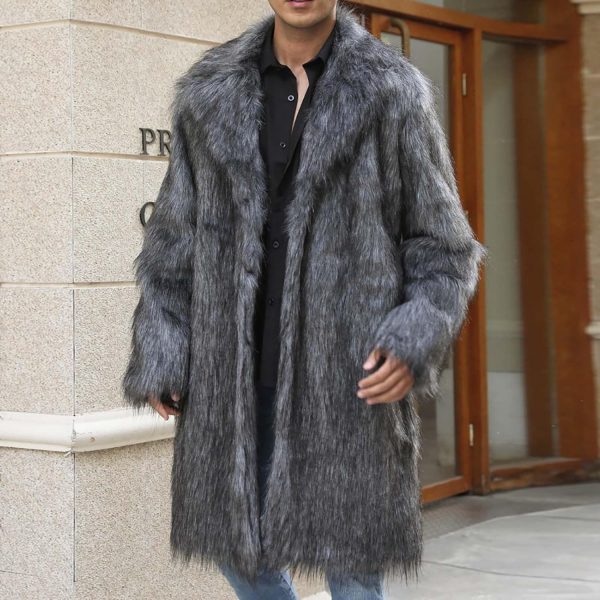 WENKOMG1 Faux Fur Trench Coat for Men Luxury Open Front Fuzzy Spread Collar - Image 2