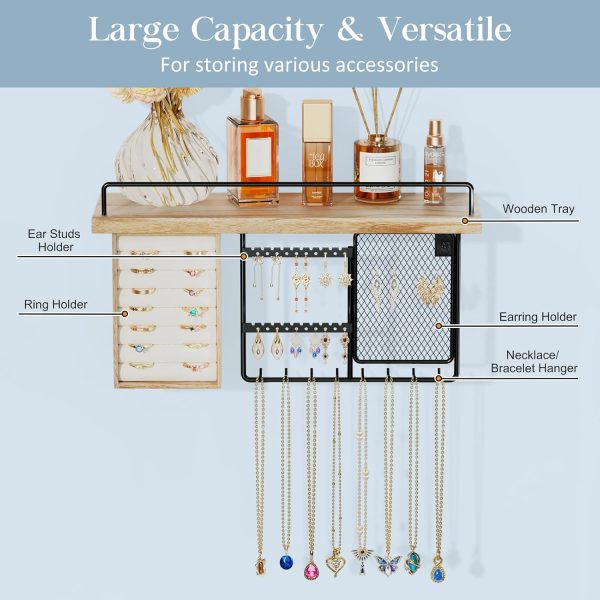 Lolalet Wall Mounted Hanging Jewelry Organizer with Wood Shelf, Wall - Image 4