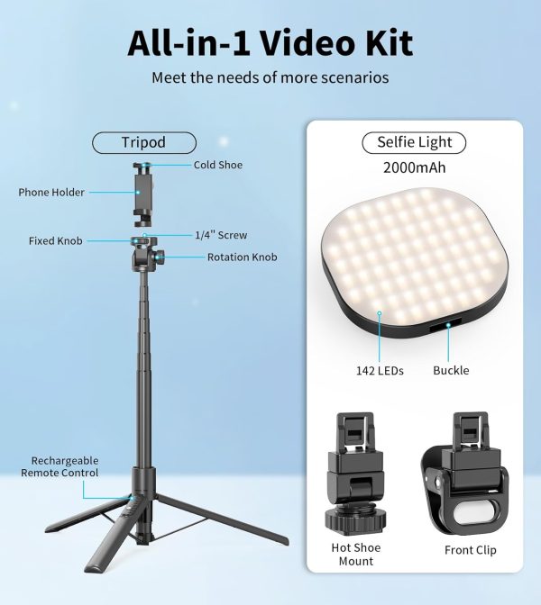 Vlogging Kit, 61" Phone Tripod with Light, All-in-1 Selfie Stick with - Image 3
