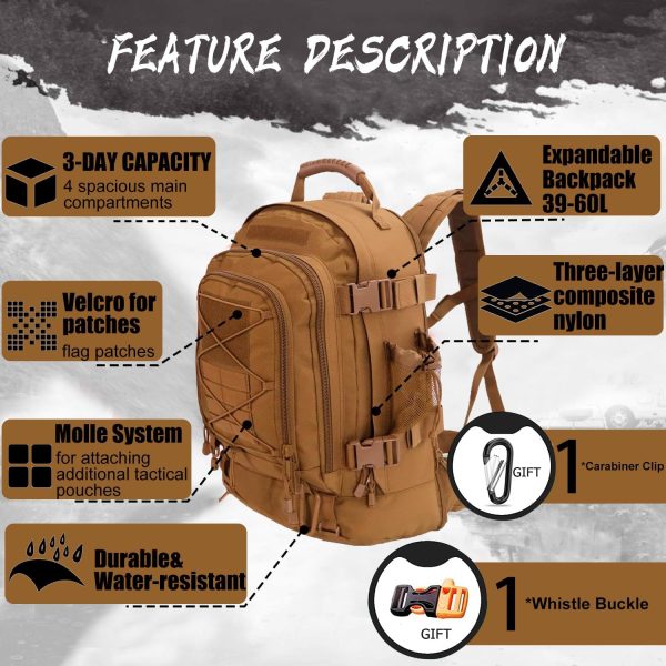 Expandable 40-64L Military Tactical Backpack 3 Day Bag Hiking Gym Sport - Image 4