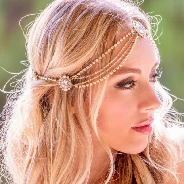 CAKURE Rhinestone Boho Head Chain Jewelry Gold Hair Chains Layered Bride - Image 3