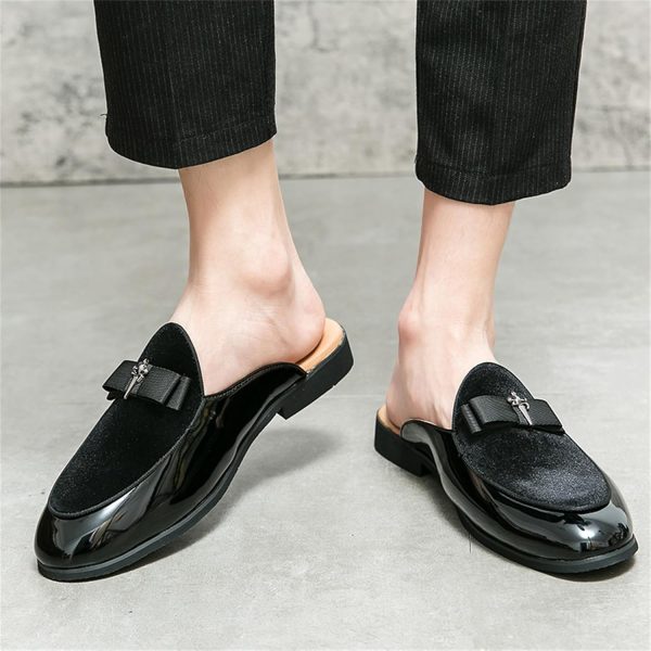 Men's Bowtie Patent Leather Slip-On Mules Slippers,Flats Stylish Formal - Image 7