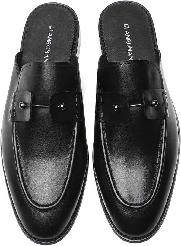 ELANROMAN Men's Loafers Backless Calf Leather Handmade Mules Black Shoes - Image 2