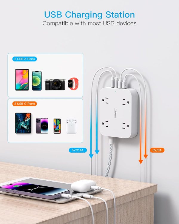 Flat Plug Extension Cord, 5ft Power Strip with 4 USB Ports(2 USB C), 4 - Image 3