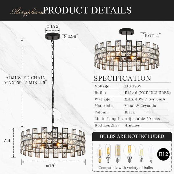 Modern Black Chandelier 6-Light Crystal Pendant Light D18’’ Semi Flush - Image 7