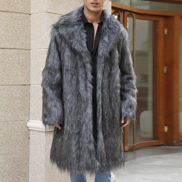 WENKOMG1 Faux Fur Trench Coat for Men Luxury Open Front Fuzzy Spread Collar - Image 3