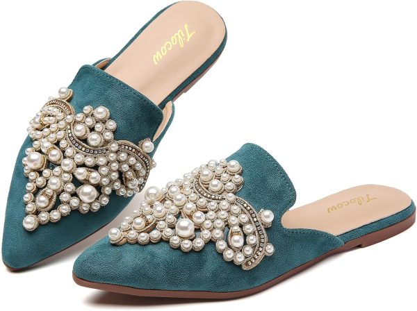 Tilocow Pearl Decor Mules for Women Flats Pointed Toe Backless Flat Slip On - Image 7