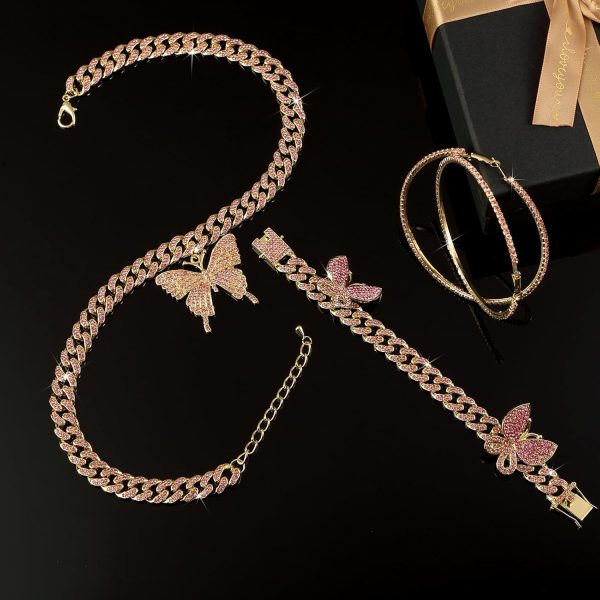3 Pieces Butterfly Cuban Jewelry Set Cuban Link Chain Necklace for Women - Image 2