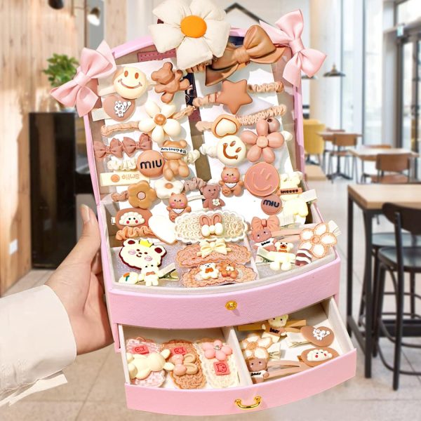 Jewelry Box Organizer with 43 pieces milk brown hair accessories, Pink - Image 4