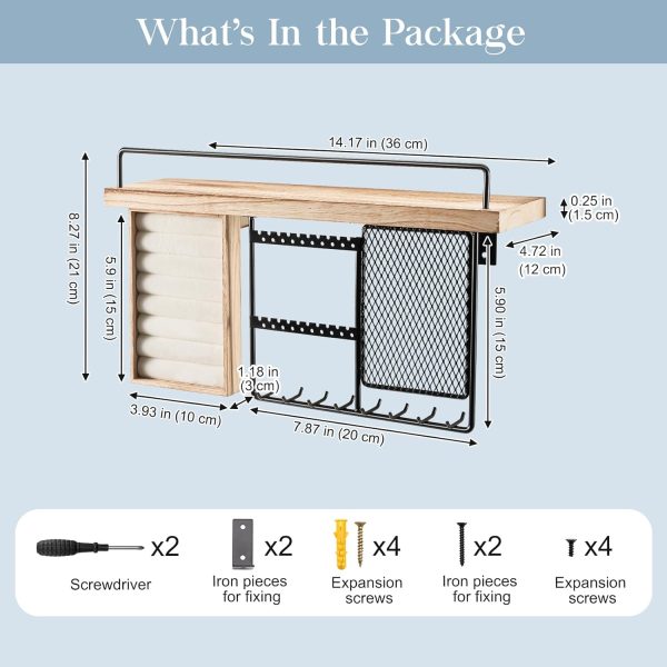 Lolalet Wall Mounted Hanging Jewelry Organizer with Wood Shelf, Wall - Image 5