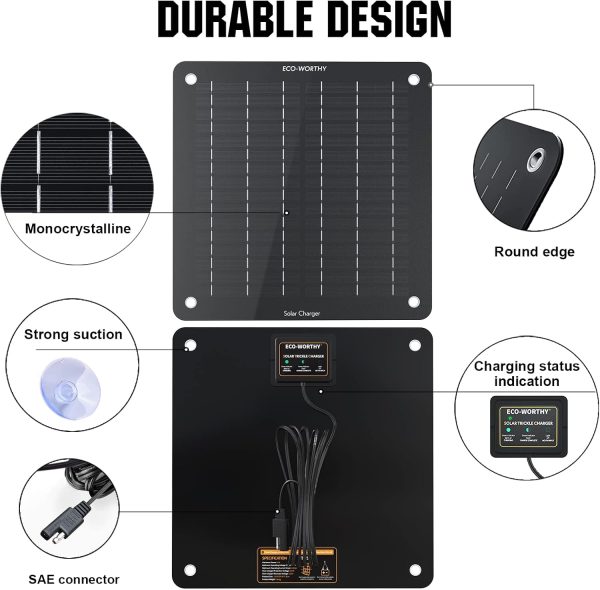 ECO-WORTHY Solar Car Battery & Trickle Charger 5W Solar Panel Power 12V - Image 4