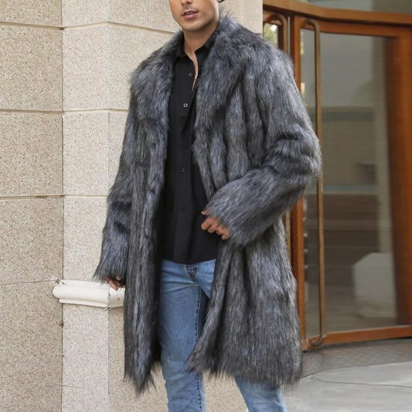 WENKOMG1 Faux Fur Trench Coat for Men Luxury Open Front Fuzzy Spread Collar - Image 4