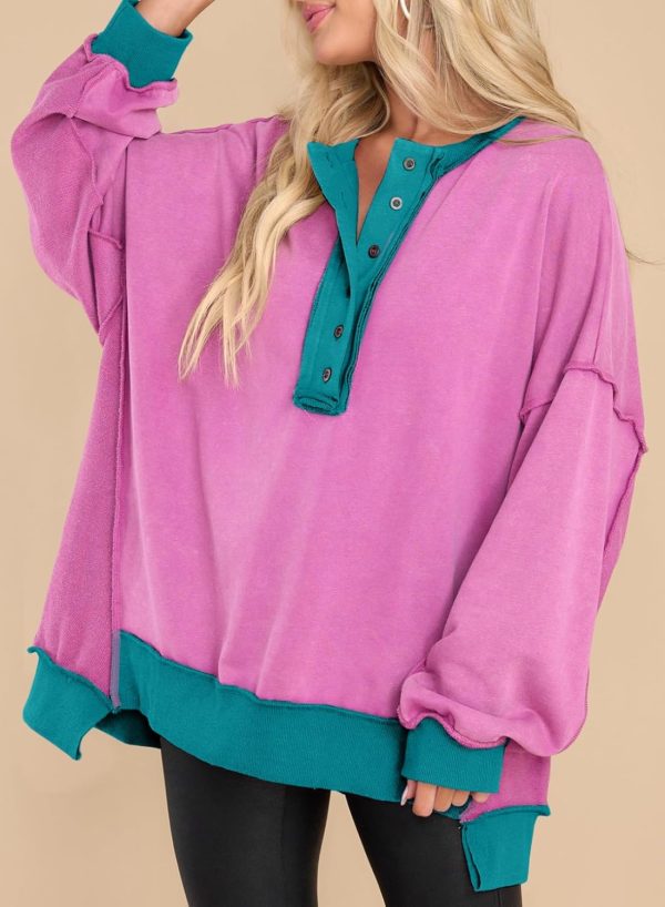 AlvaQ Women's Oversized Sweatshirt Casual Long Sleeve Button Henley Neck - Image 4